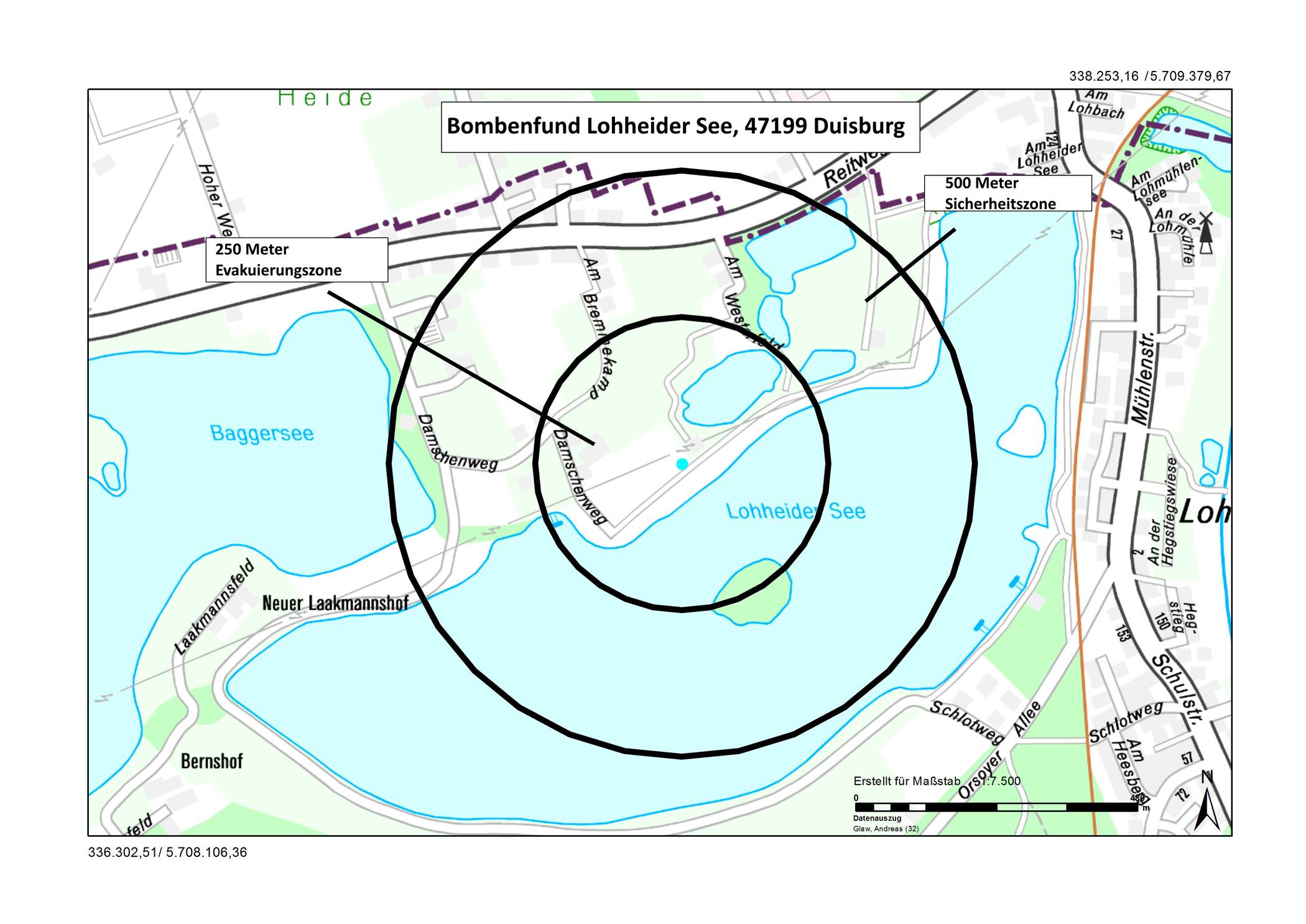 Wegen der Größe der Bombe ist eine Evakuierungszone von 250 Metern um die Fundstelle erforderlich.