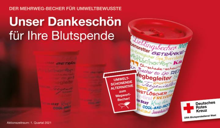 Einen praktischen Mehrweg-Becher verschenkt der DRK-Blutspendedienst an jeden, der am Mittwoch, 10. März, zwischen 12.30 und 16 Uhr im Casino der Sparkasse am Ostring 6 in Moers sein Blut spendet.