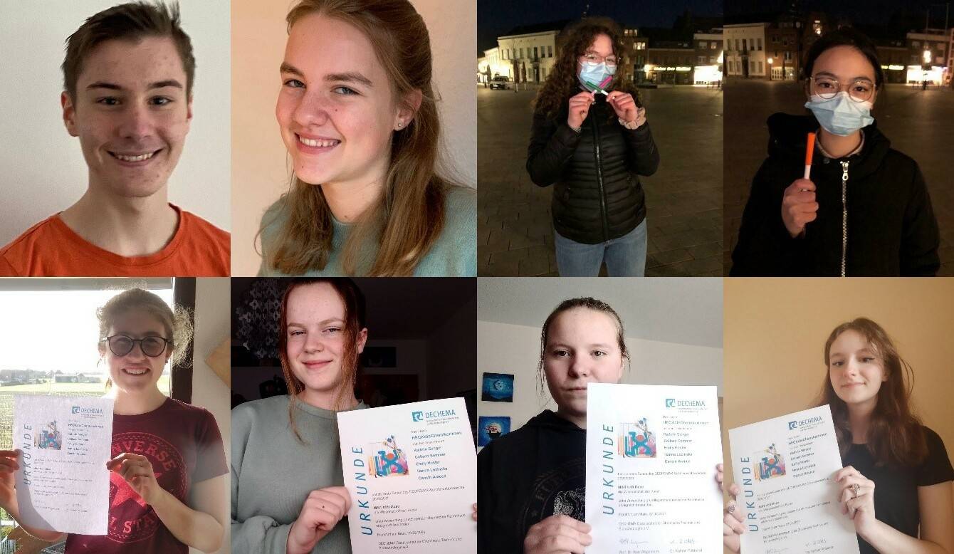 Erfolgreiche Schüler: (obere Reihe, jeweils von links nach rechts) Thorin Albrecht, Amy Rieger (beide Jugend forscht), Klaudia Przestrzelska, Nhu Y Pham (beide Chem-pions) (alle vier: 8A) und (untere Reihe) Colleen Sommer, Emily Hoster, Kathrin Senger, Hanna Lozinska (alle Dechemax und aus der 9A). 