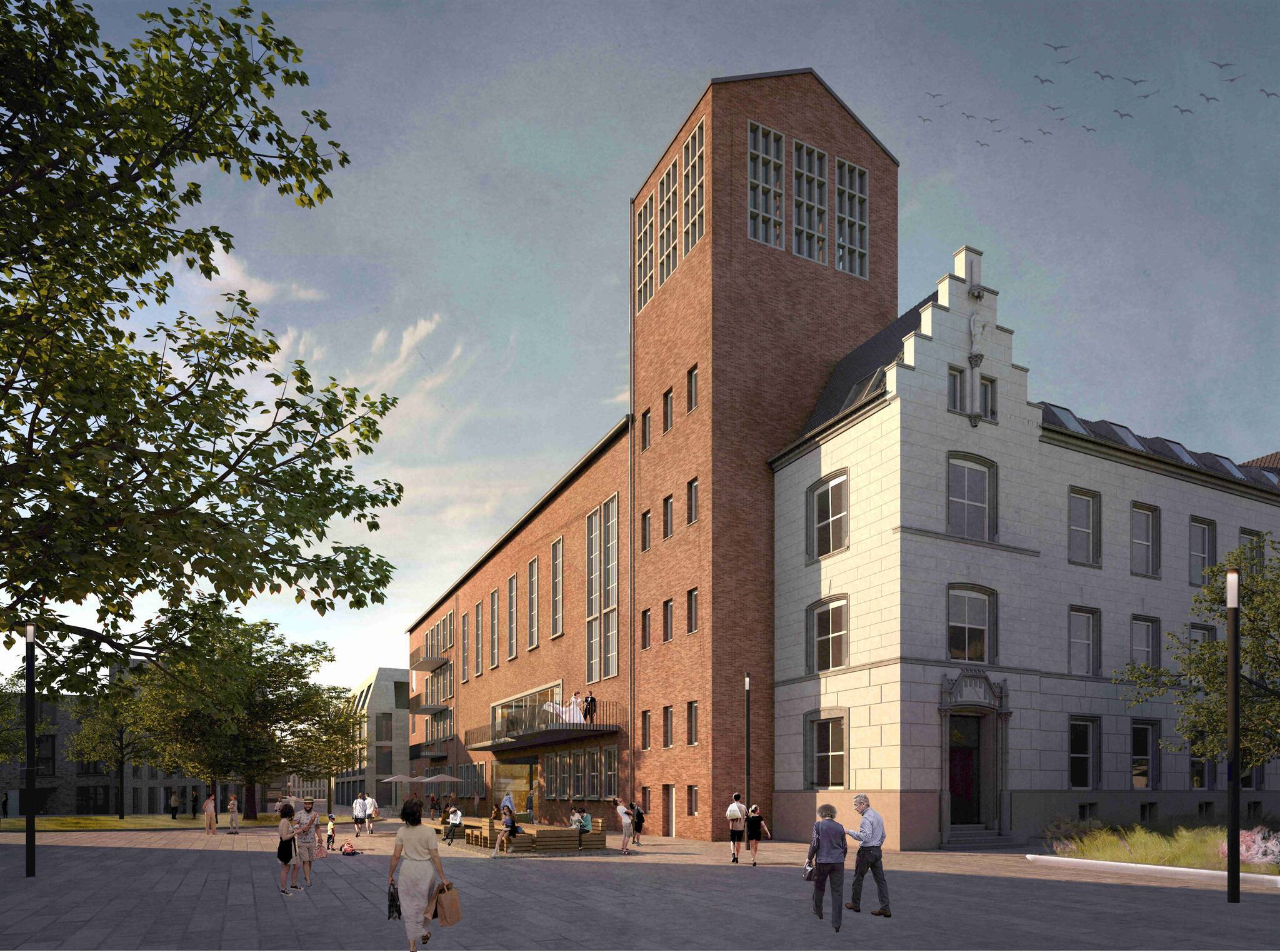  Planung Außenansicht Ärztehaus und Kapellenflügel. Foto: Schleiff Denkmalentwicklung GmbH &amp; Co. KG, ASTOC ARCHITECTS AND PLANNERS GmbH, KRAFT.RAUM. Landschaftsarchitektur und Stadtentwicklung 