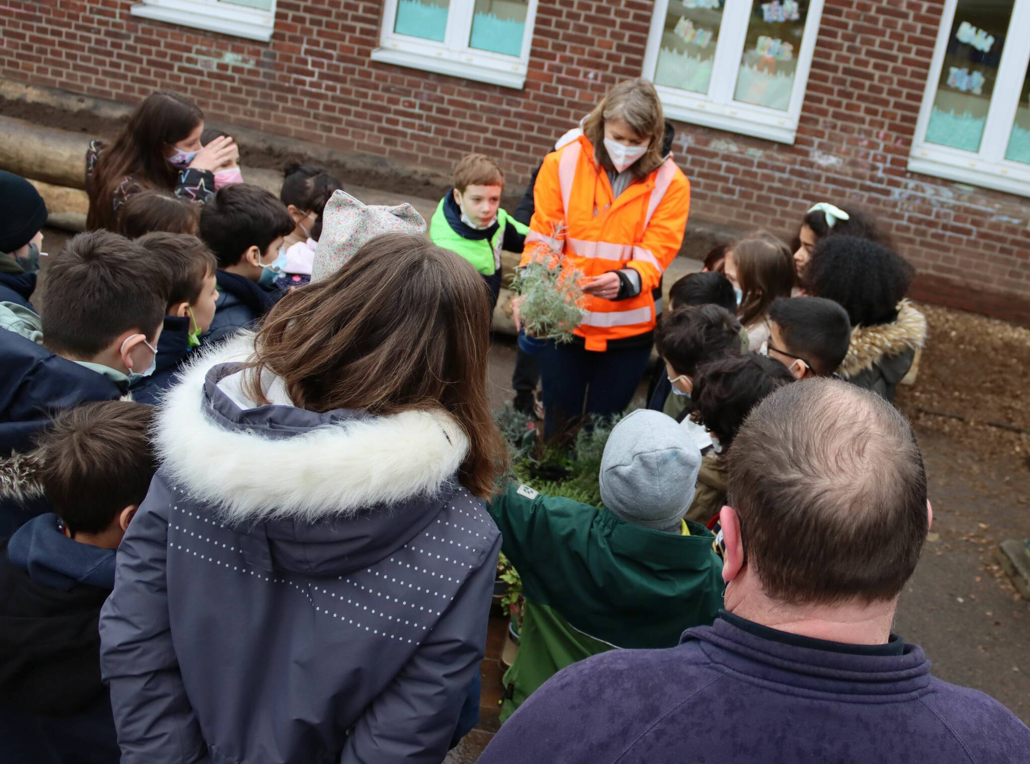 Anna Hardenberg vom Servicebereich Grünflächen bei der Stadt Meerbusch erklärt den Kindern die einzelnen Kräuter und wo man diese überall einsetzen kann. 