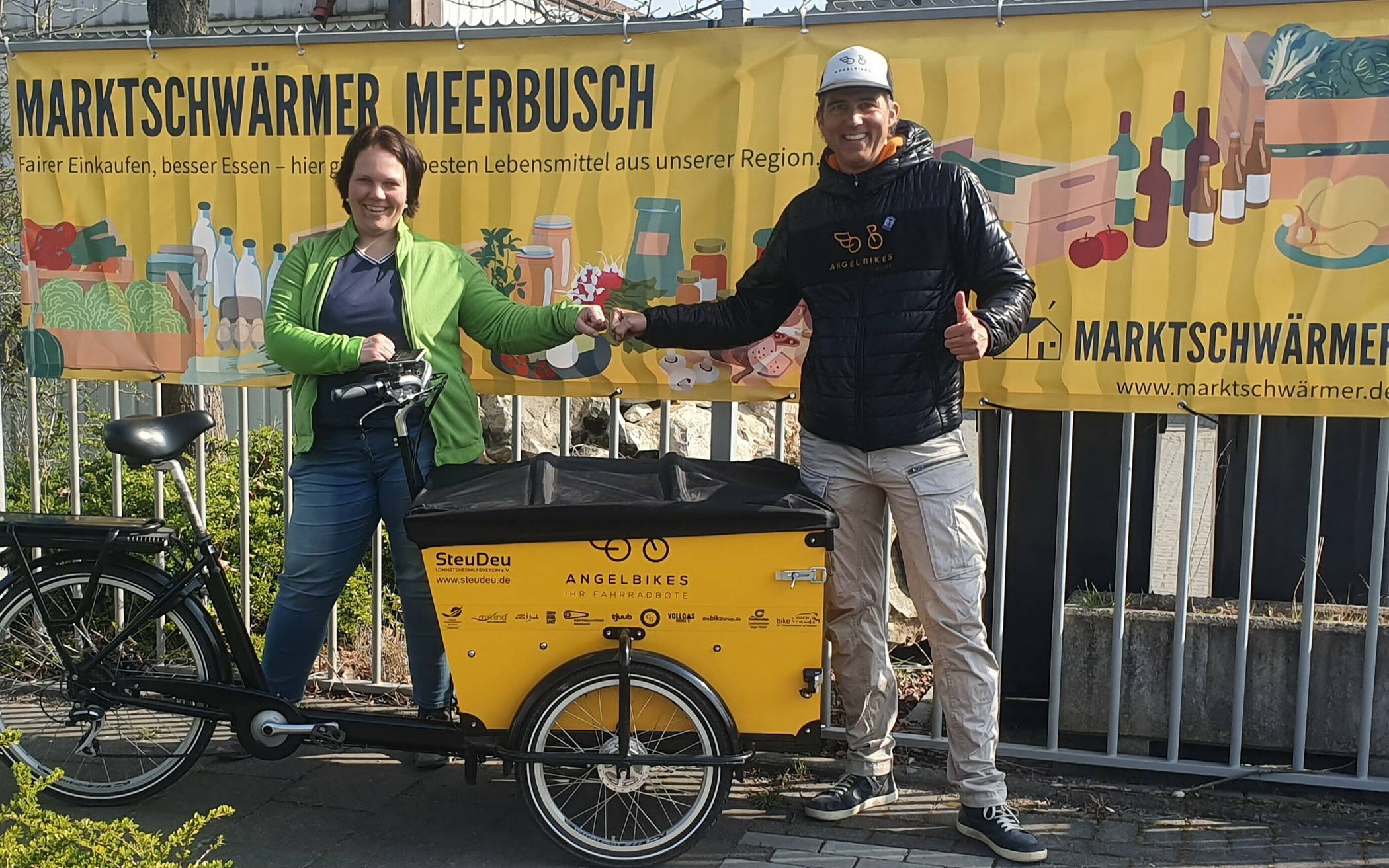  Der neue Marktschwärmer-Standort in Lank unter Stefanie de Kok geht am 29. April an den Start. Kunden können die Waren abholen oder sie über den Lieferservice „Angelbikes“ von Sascha Plewka liefern lassen. 
