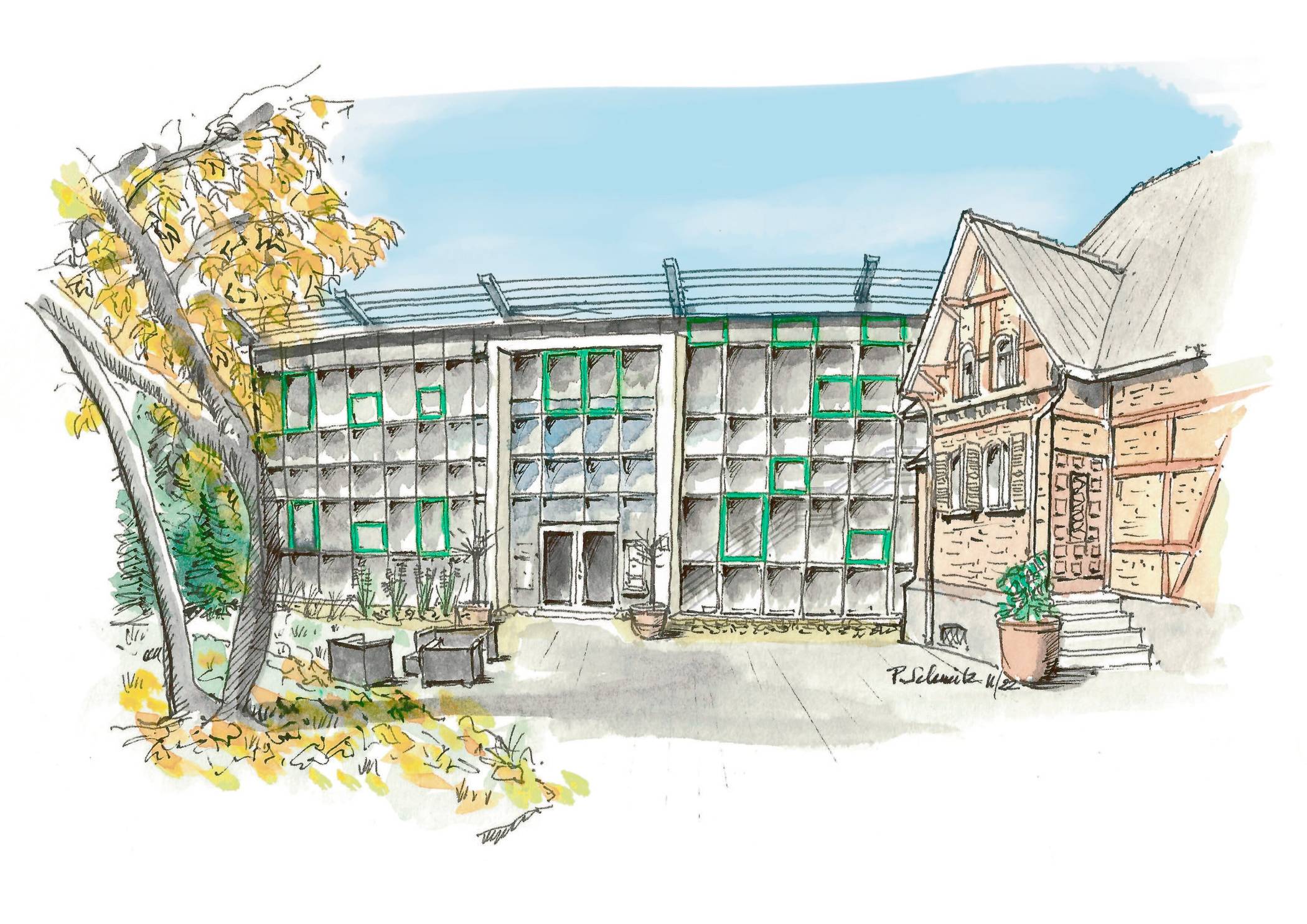 Eine Zeichnung des Willicher Skizzen-Zeichners Peter Schmitz zeigt das neue Büro an der Jakob-Krebs-Straße 126 a.