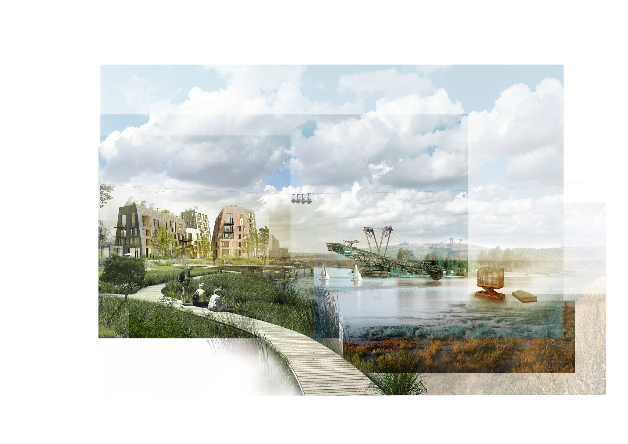  Die Illustration zeigt das Umfeld des Tagebaus Garzweiler als Veranstaltungsort für die Internationale Gartenausstellung 2037.  