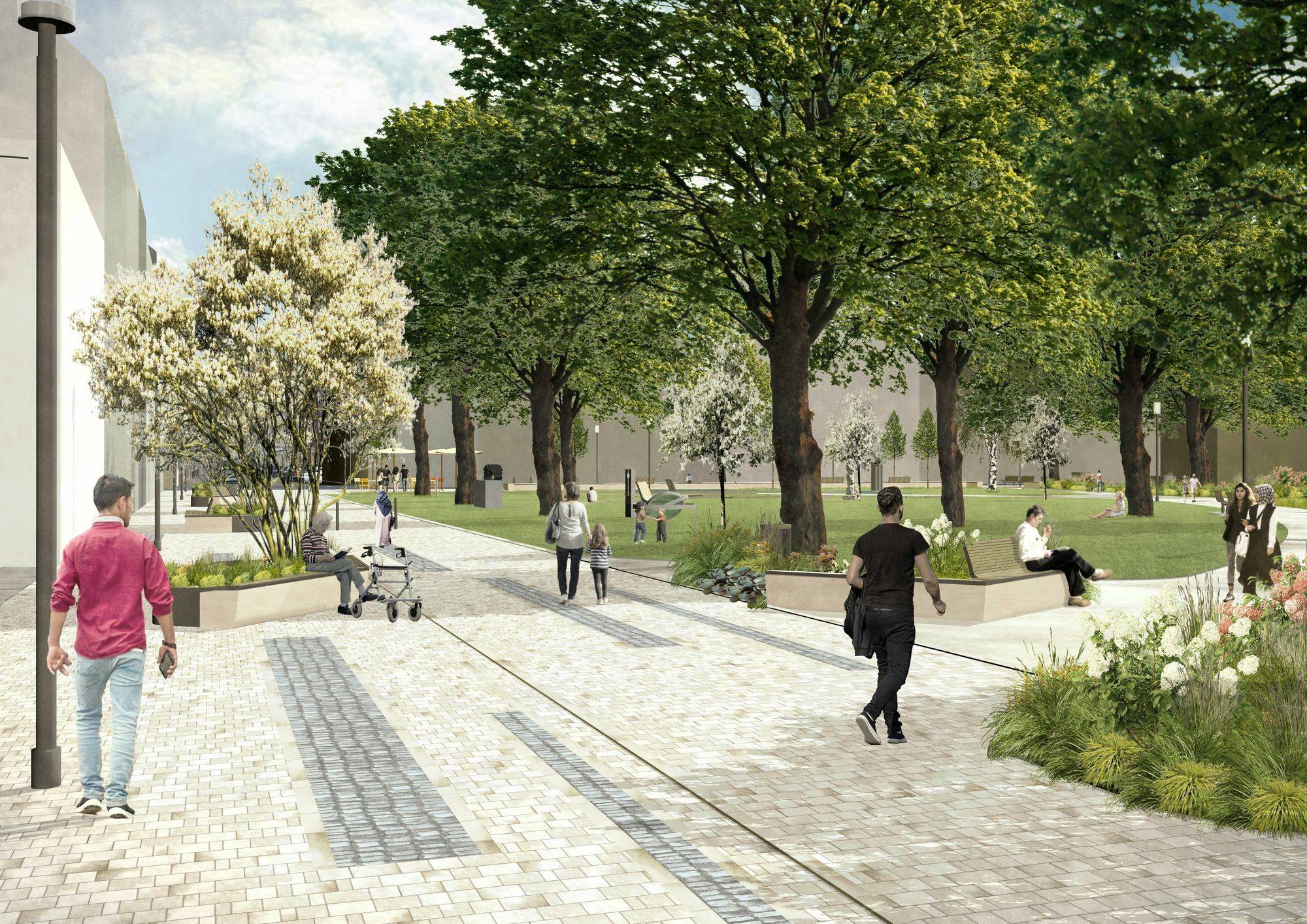  Ein Teil der Kaiserstraße wird für den Verkehr gesperrt und nähert Adenauerplatz und Zentralbibliothek (links) gestalterisch aneinander an.  