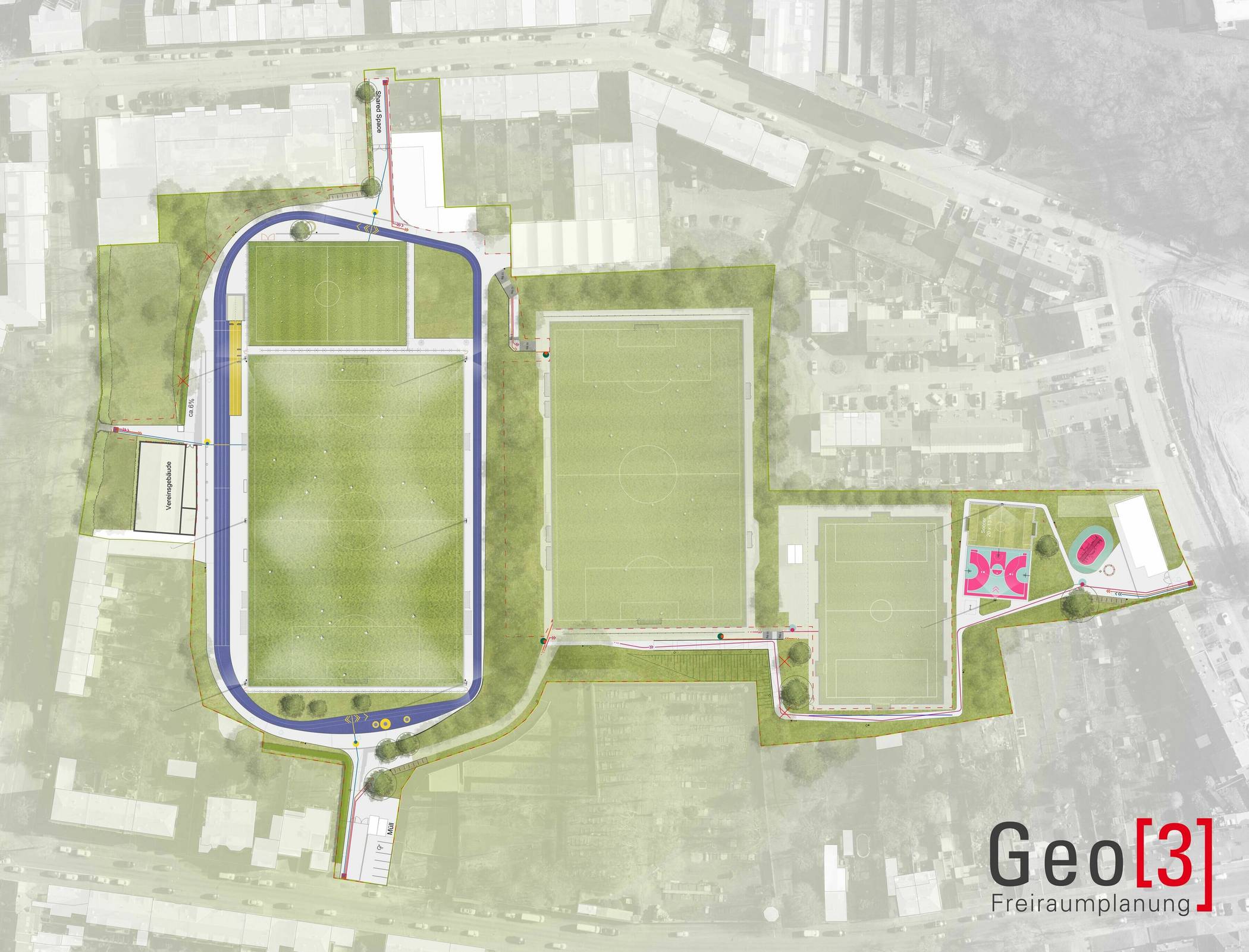 Die Ernst-Reuter-Sportanlage teilt sich in drei Bereiche. Die Baumaßnahme wird an der Luisenstraße (links) beginnen, wo unter anderem ein neues Kunstrasen-Großspielfeld und die markante blaue Tartanbahn errichtet werden.   