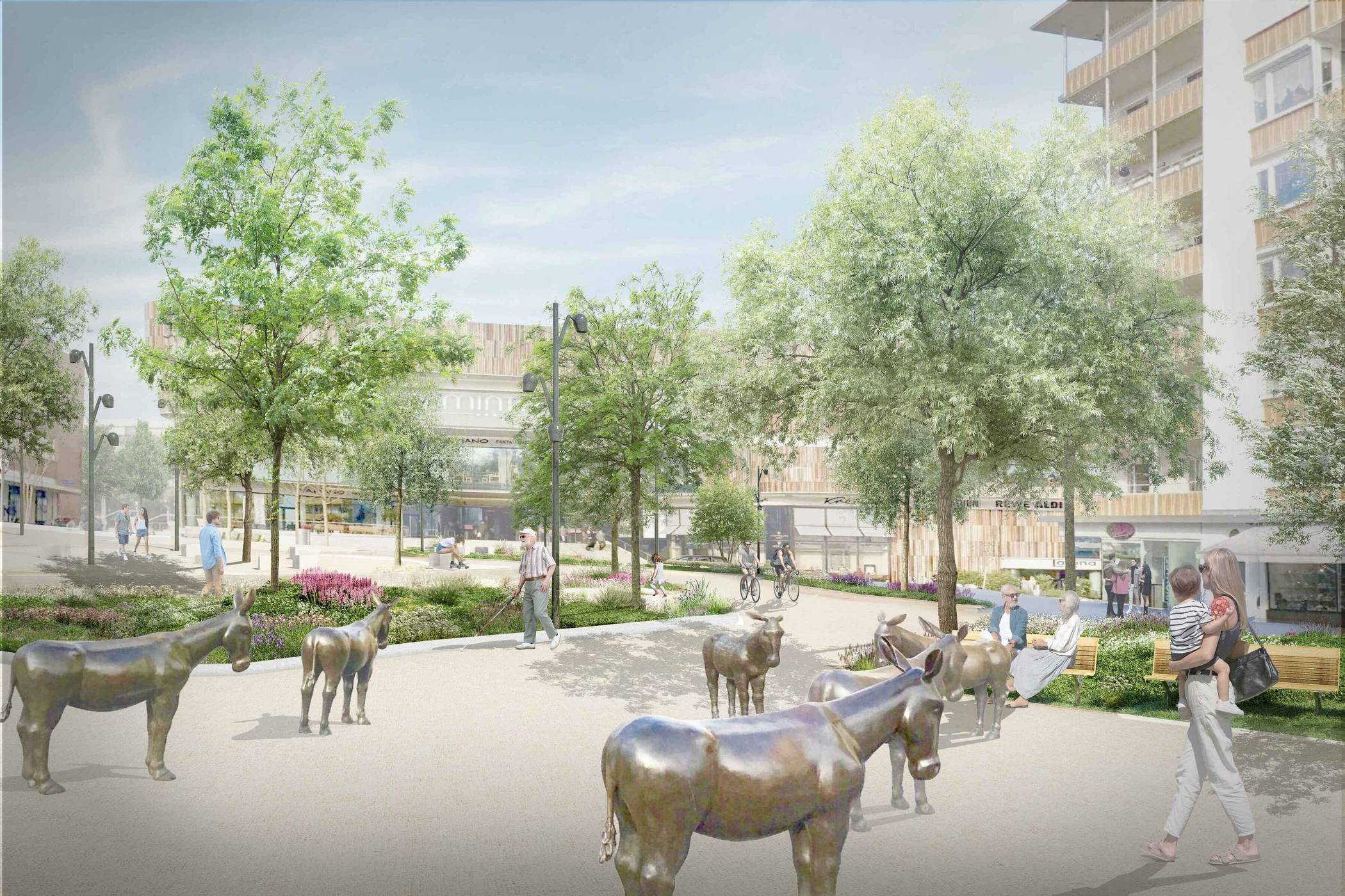  Nur eine der neu beschlossenen Maßnahmen: 18 neue Bäume und sechs Pflanzbeete mit Stauden und Gräsern für den Sonnenhausplatz. Visualisierung: GTL Landschaftsarchitektur + Thiemo Tippmann 