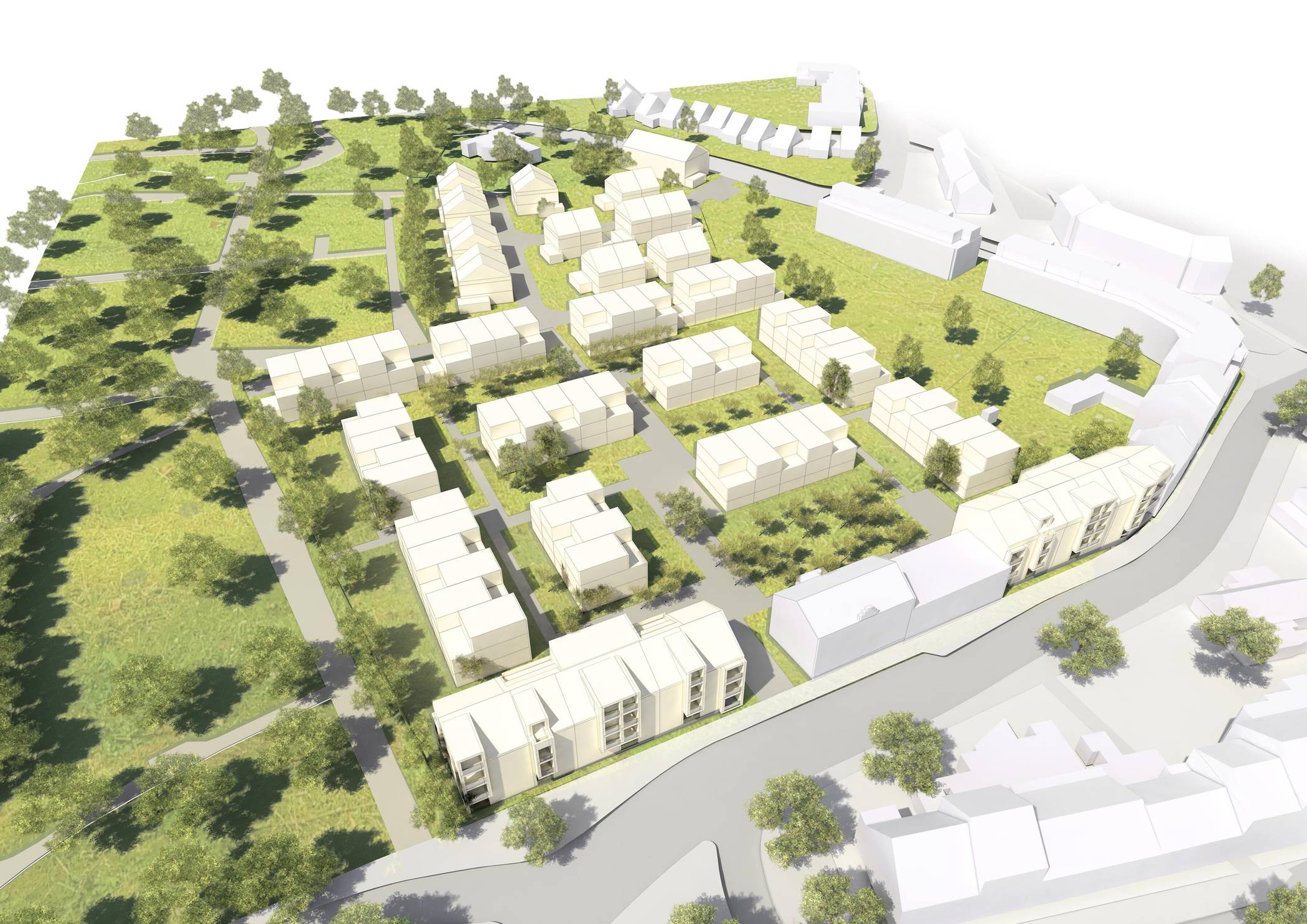  Blick auf das Plangebiet, das sich bis an den Botzkuhlenweg (rechts hinten) erstreckt. Entlang der Bachstraße (vorne) sollen rund 35 Wohnungen entstehen, zum Teil im denkmalgeschützten ehemaligen Verwaltungsgebäude des Textilveredlungsunternehmens Beines.  