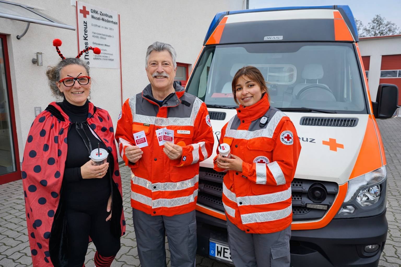  Präventionsaktion des DRK Niederrhein gegen K.O.-Tropfen (v.l.): Nina Stiller-Peters (Unternehmenskommunikation DRK-Kreisverband Niederrhein), Kreisverbandsarzt Dr. Robert Moog und DRK-Helferin Anwar Romdhani. 