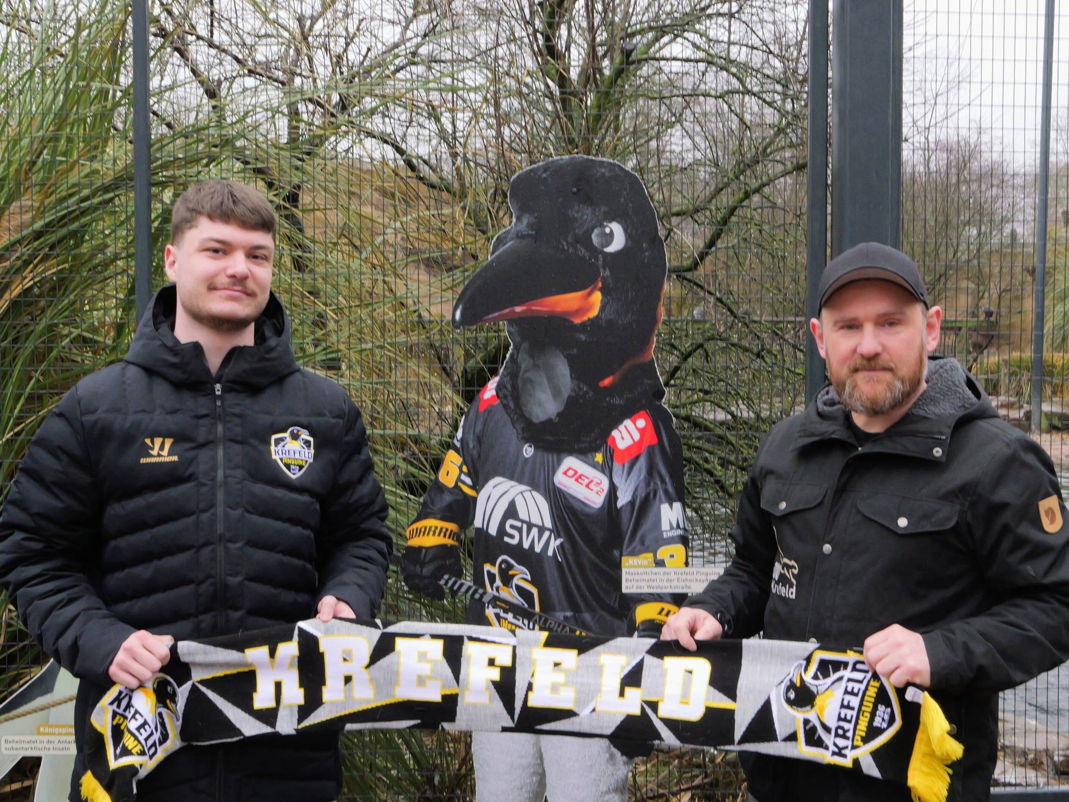 Dominik Krauss (Krefeld Pinguine, links) und Zoosprecher Adam Mathea mit dem lebensgroßen KEVin am PinguinPool des Zoos. Foto: Zoo Krefeld