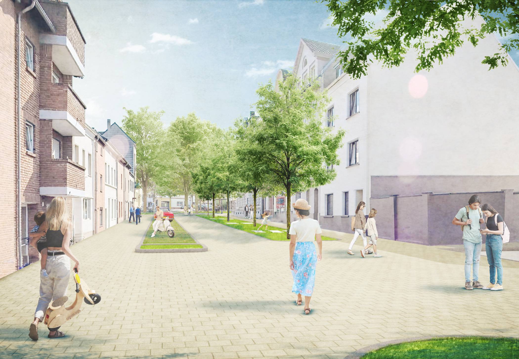 Die Visualisierung zeigt die neugestaltete Turmstraße aus Blickrichtung der Unterführung.