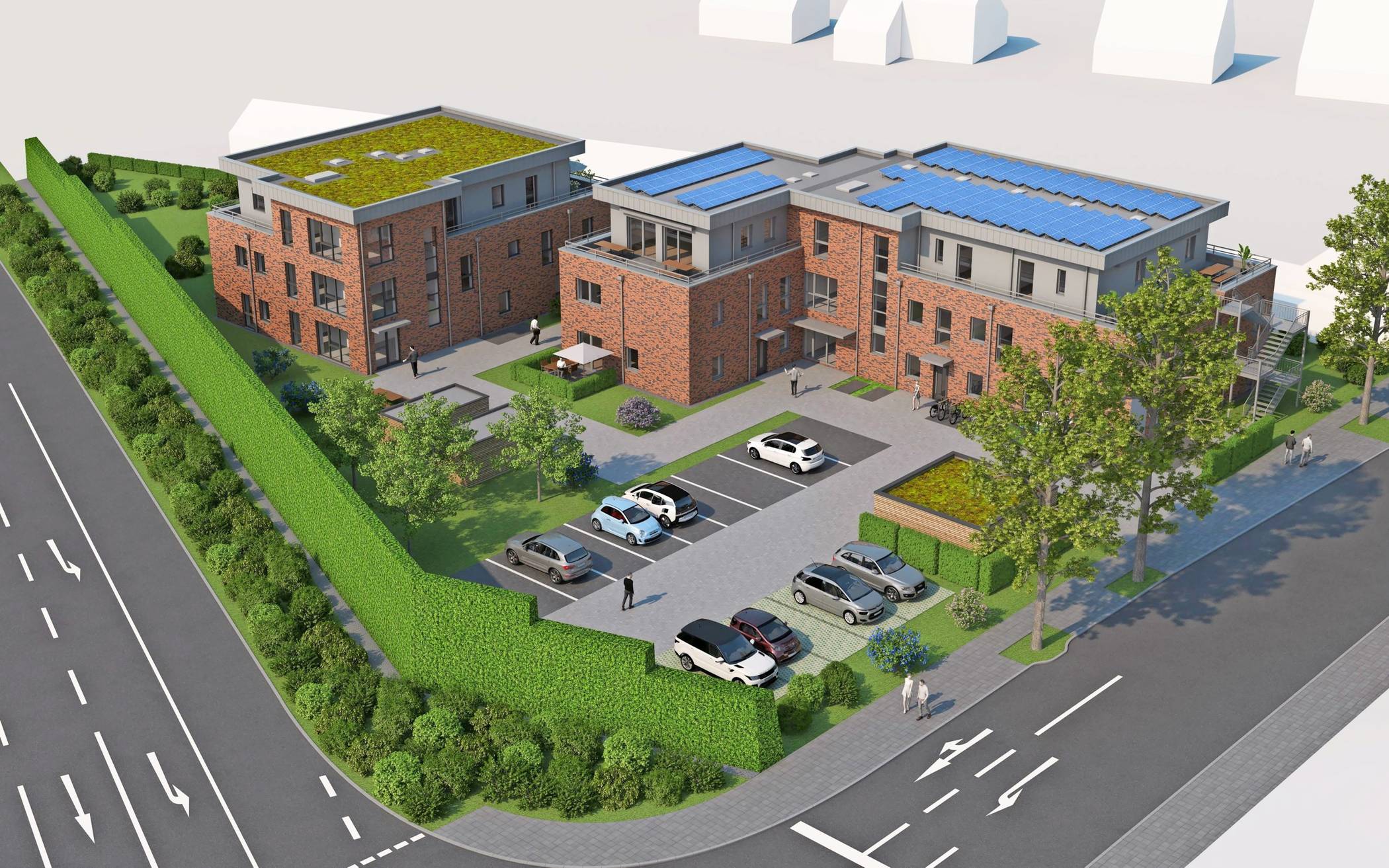 Das Dach des hinteren Gebäudes (Haus 1), in dem acht Wohnungen entstehen, wird begrünt. Das andere Gebäude (Haus 2) wird mit einer Photovoltaikanlage ausgestattet.  