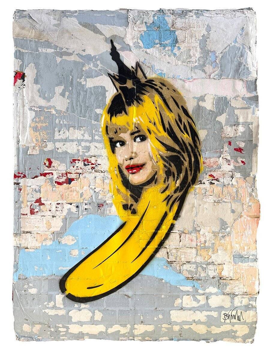 Claudia-Schiffer-Banane, 2026, Spraylack auf Plakatwand, Thomas Baumgärtel