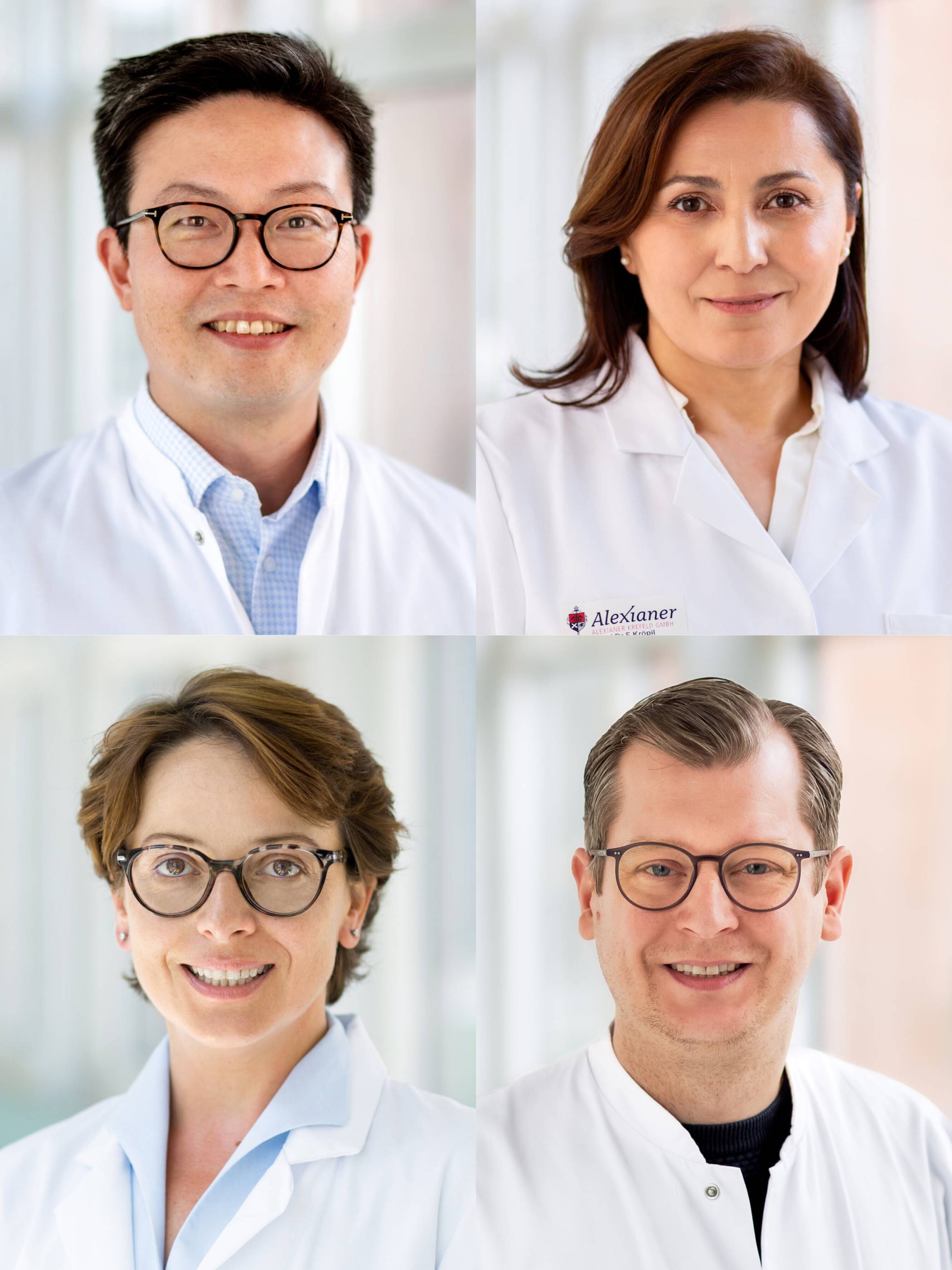 Die Experten am Info-Bus „Herzenssache Lebenszeit“: Dr. Illkyu Lee und Prof. Dr. Feride Kröpil (oben), Dr. Gina Michalowski-Gheorghiu und Marius Nelles (unten).
