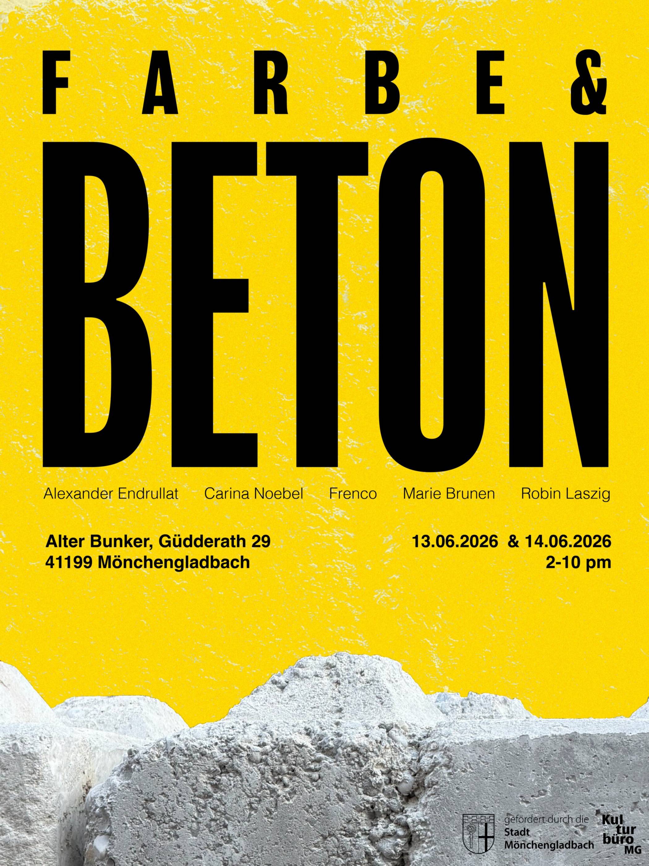  Plakat zur Vernissage und Kunstausstellung „Farbe &amp; Beton“ im Bunker Güdderath. 