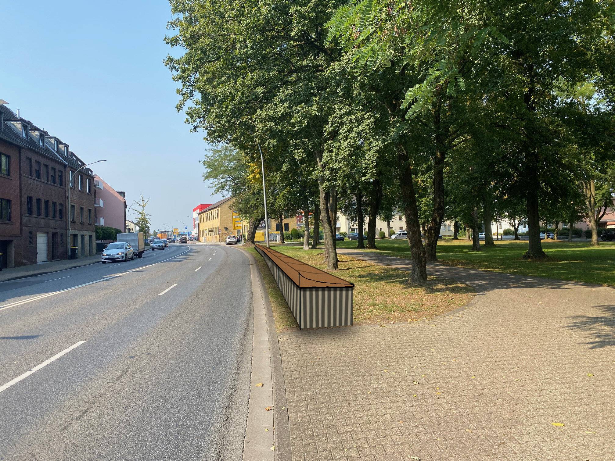 Gerade mal knapp 1,10 m hoch und soll viel Lärm abschirmen: Lärmschutzeinrichtung aus den Niederlanden für den Brandtsgarten. Visualisierung: Stadt MG