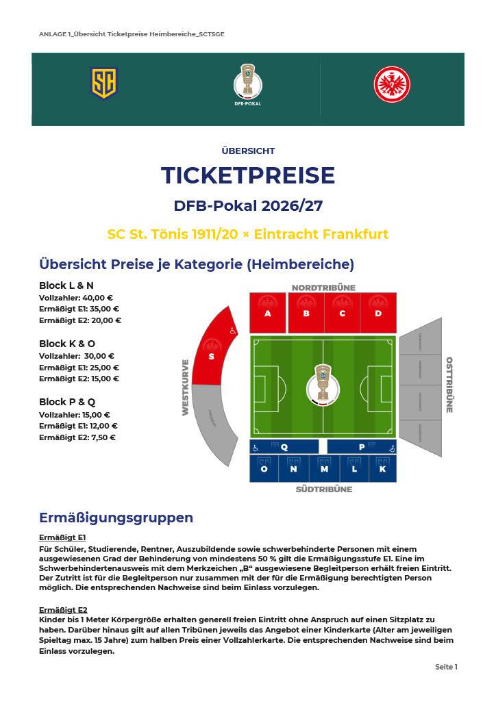 Vorverkauf DFB-Pokalspiel SC St. Tönis Eintracht Frankfurt
