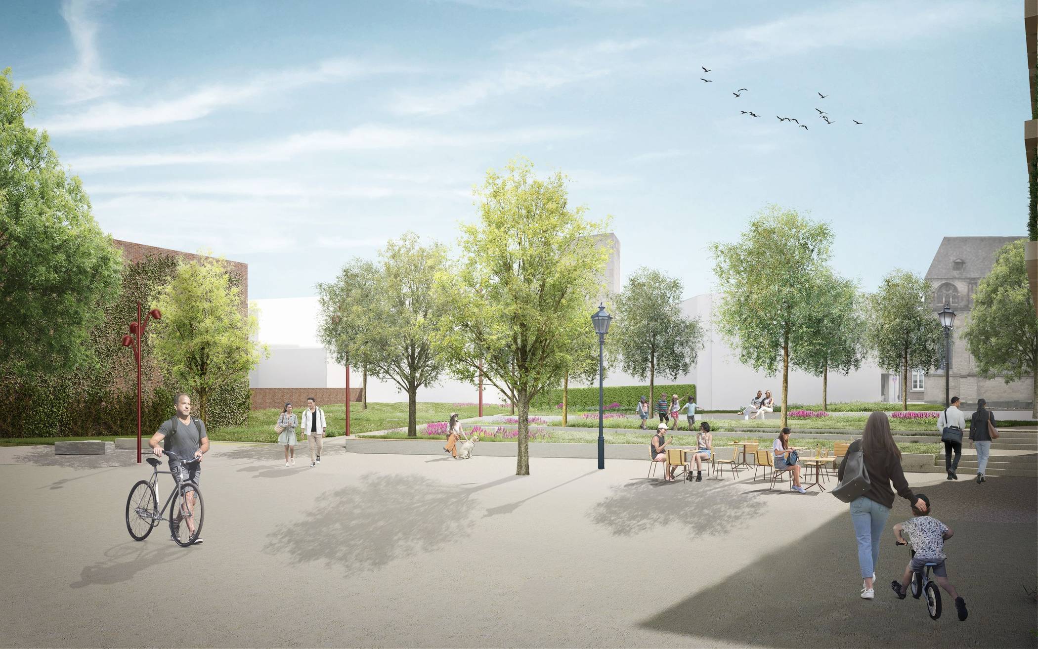  Blick von der Hindenburgstraße auf den neuen Platz. Im Vordergrund die „Stadtterrasse“, die als befestigter Platzbereich Raum für weitere Sitzmöglichkeiten, für Außengastronomie oder für spielende Kinder bietet. 