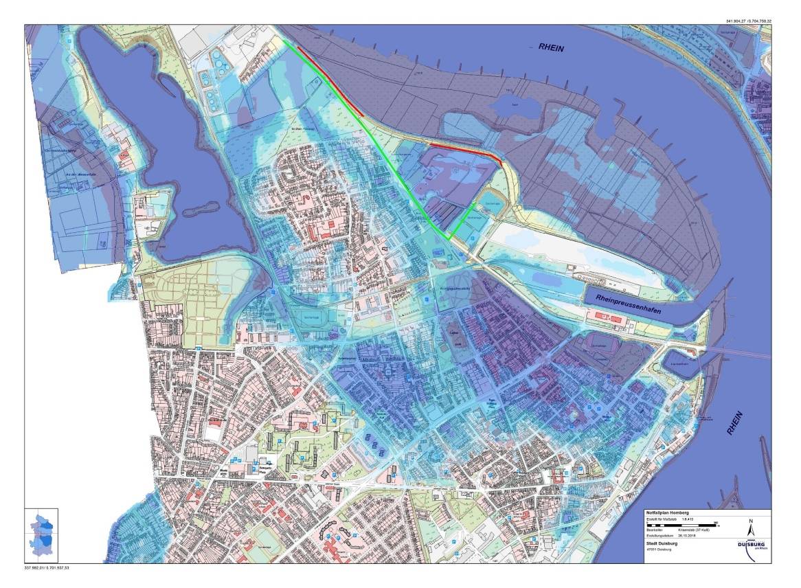 Notfallplan für kritisches Hochwasser im Bereich von Duisburg-Homberg.