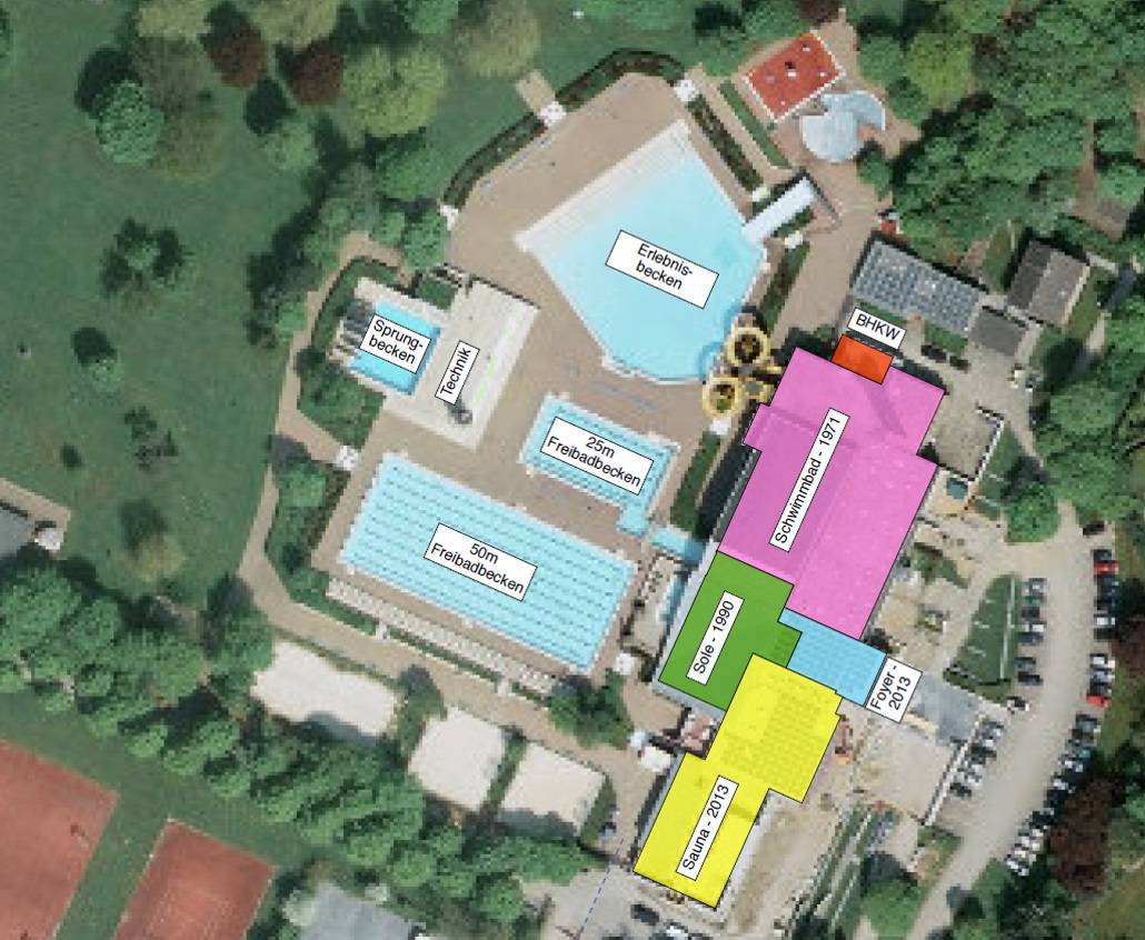 Das Luftbild zeigt schematisch, wie das aqua sol-Gelände derzeit aussieht: Das 50-Meter-Becken soll mit einer neuen Schwimmhalle überbaut werden, aus der jetzigen Halle könnte dann ein Hotel werden.