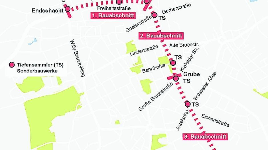 Die Baumaßnahme erstreckt sich entlang der Freiheitsstraße von der Kreuzung Willy-Brandt-Ring/Vogteistraße nördlich des Viersener Stadtzentrums bis zur Einmündung der Ernst-Moritz-Arndt-Straße. Quelle: NEW