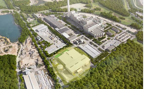 Die Fotomontage zeigt im gelb markierten Bereich den geplanten Neubau auf dem Betriebsgelände des Abfallentsorgungszentrums Asdonkshof.