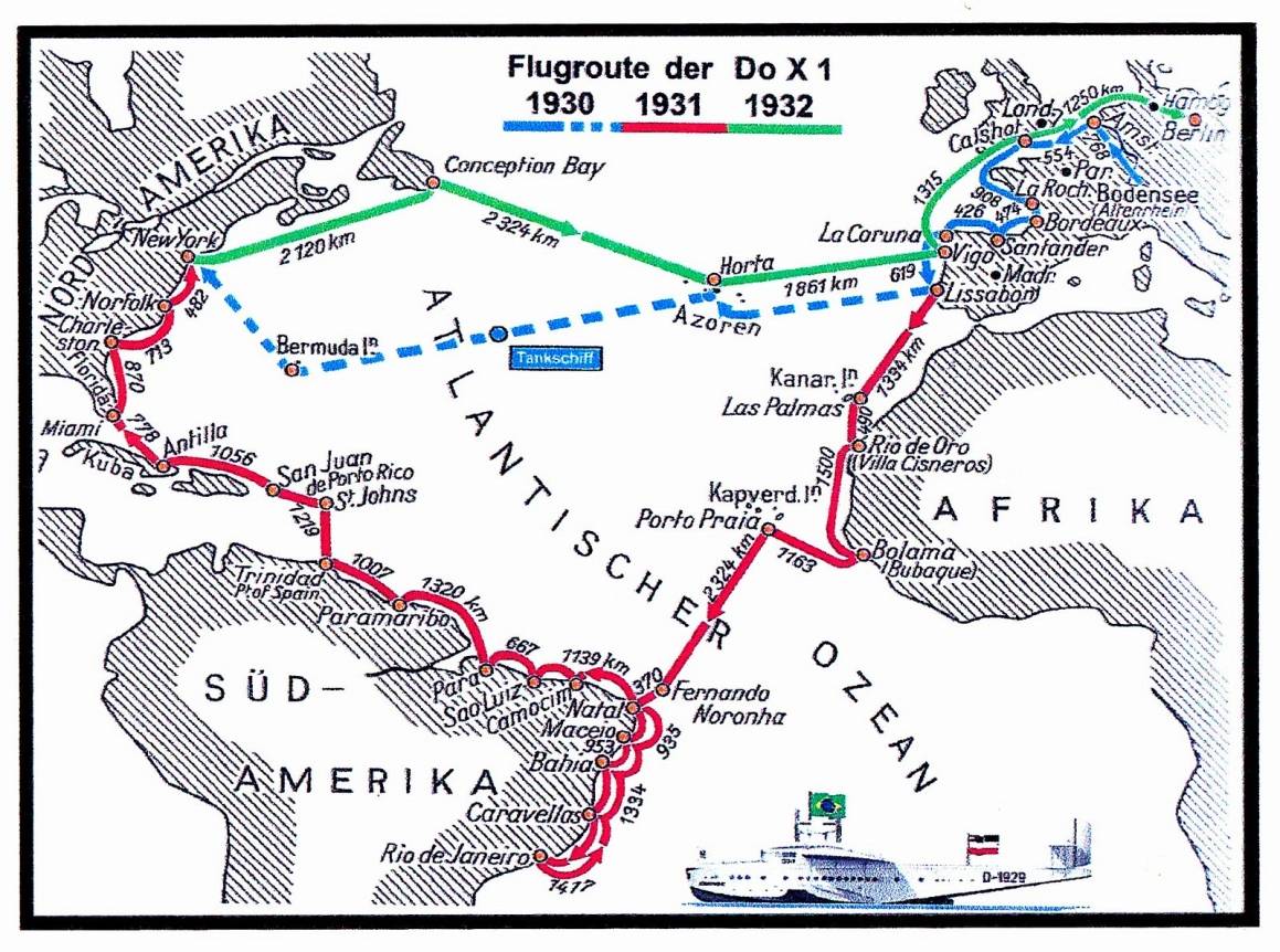Die "transatlantischen" Flugrouten des Flugbootes "Dornier X" im Überblick.