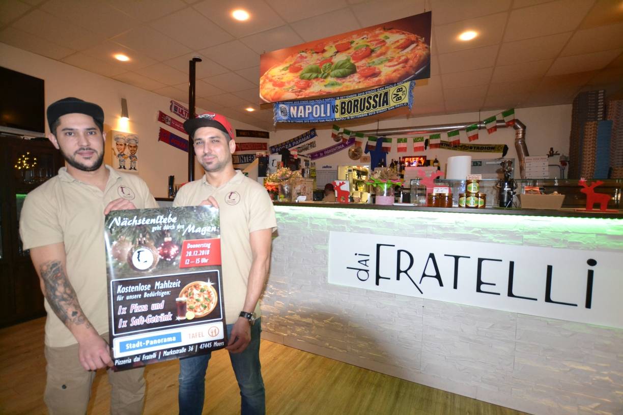  Danijel und Miro Ostojic laden alle Bedürftigen zu einer kostenlosen Mahlzeit in die Pizzeria dai Fratelli ein. Was die beiden Brüder besonders freut: Es hat sich bereits ein weiterer Unterstützer gefunden: Der Großhändler AlfaPack hat, nachdem er von der Aktion auf Facebook gelesen hatte, sich entschieden, einen Großteil der Zutaten zu spenden. 