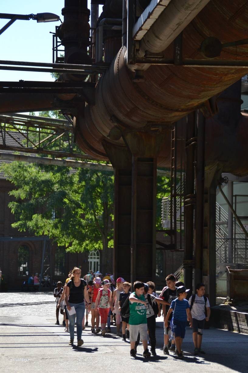 Beeindruckende Kulisse: Klassenlehrerin Verena Klasen und die 3a der GGS Breite Straße auf dem Weg zum Klettergarten.