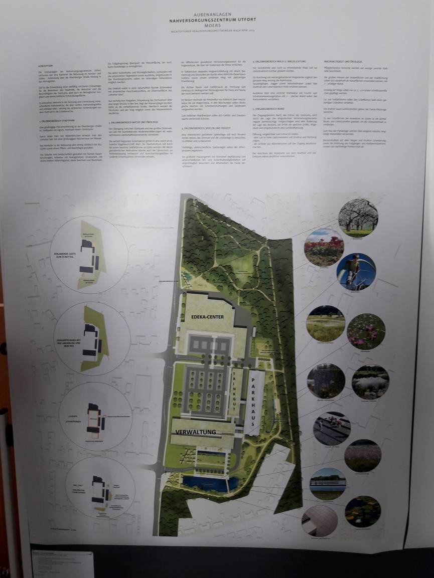 Der Siegerentwurf, die Gebäude haben wir zur besseren Orientierung beschriftet. Das Areal ist 125.000 qm groß, 65.000 qm sind öffentliche Fläche. Gewünscht war, dass keine Betonlandschaft entstehe, sondern eine Grünanlage mit hoher Aufenthaltsqualität.