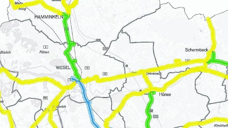 Ein Teil des Planes „westliches Ruhrgebiet“. Blau sind die Radschnellverbindungen, grün die Radhauptverbindungen und gelb die „normalen“ Radverbindungen. Quelle RVR, Team Mobilität