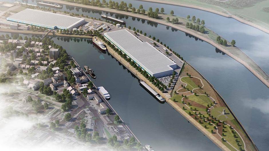  Mit dem Bau der ersten Halle (oben links vom Knick) wird jetzt begonnen, Halle 2, die Fußgängerbrücke, Kreuzfahrtanleger und Park sollen später kommen. 