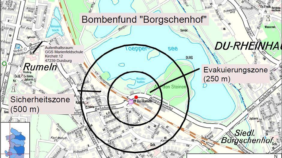 Der Lageplan mit Sicherheits- und Evakuierungszone sowie dem Aufenthaltsraum.