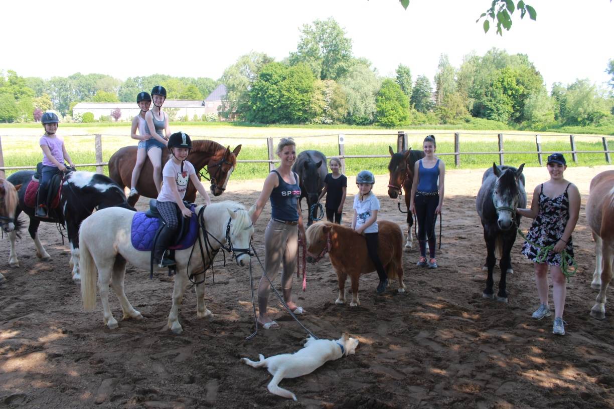 Viel Platz: Caro Hell erteilt den Reitunterricht auf der Koppel. Dahinter erstrecken sich die Wiesen. Gleich an der Koppel vorbei fließt ein Nebenarm der Niers, weshalb sich der Hof auch „Reitstall an der Laan“ nennt, mit dem Zusatz „Team Caro“, Referenz an die freundliche Reitlehrerin und Besitzerin.