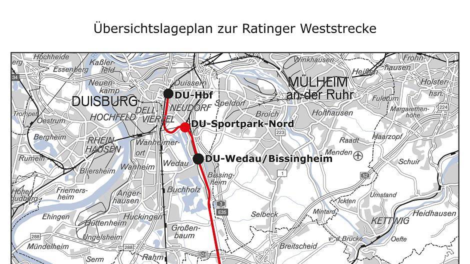 Streckenverlauf, geplante neue sowie vorhandene Stationen der Ratinger Weststrecke — die Haltestelle Wedau/Bissingheim gibt es zwar schon (deshalb schwarz), aber sie wird im Zuge des Wedau-Neubauprojekts ebenfalls komplett neu gebaut (macht zusammen fünf neue Stationen).