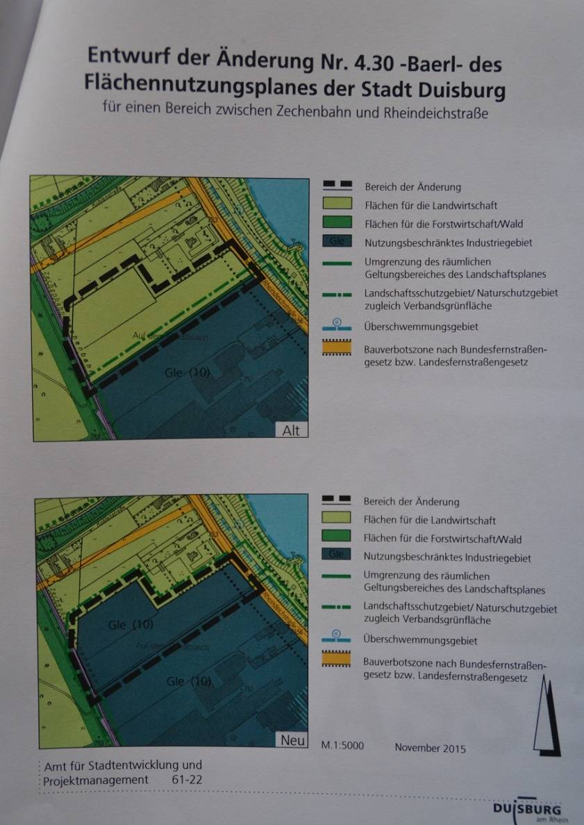  Die Flächennutzungsplanänderung sieht vor, ein ehemaliges Wiesengrundstück (gestrichelte Linie) in Gewerbefläche umzuwandeln und damit das Gewerbegebiet zu erweitern.Grafik: Stadt Duisburg 