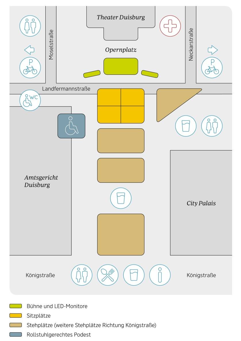 Der Plan zeigt alle relevanten Bereiche: Gastronomie, Toilettenanlagen, Sitz- und Behindertenplätze, DRK etc..