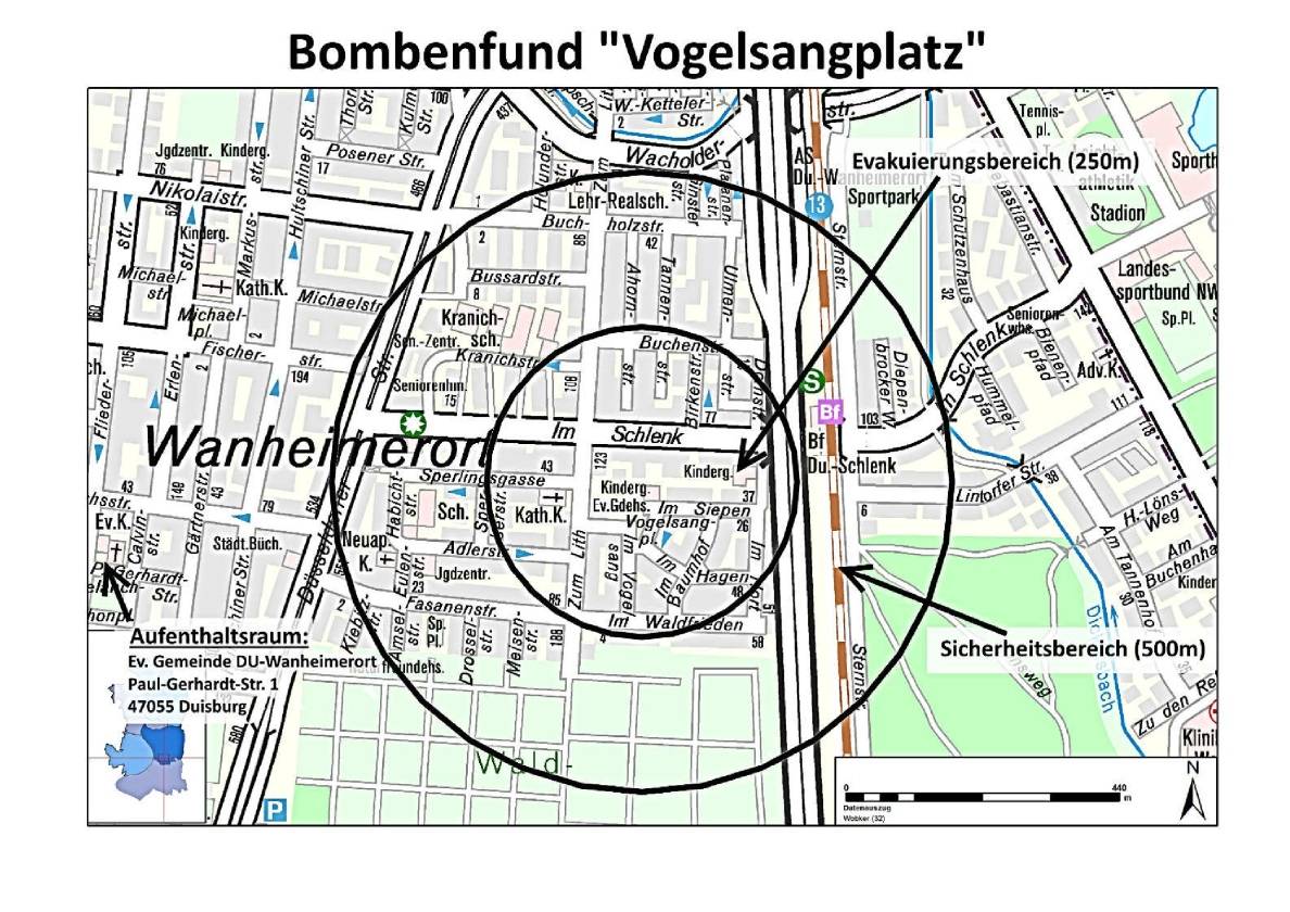 Lageplan der Bombe und Evakuierungsbereich. 