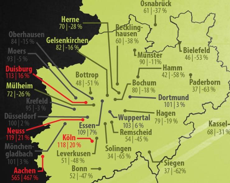Zahl gestohlener Auto pro 100.000 gemeldeter Kfz im Jahr 2016.