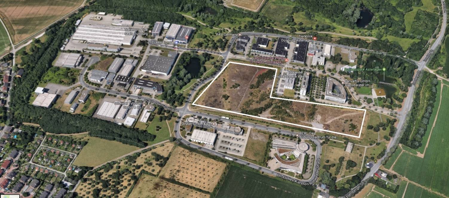  Das chinesische Unternehmen Starhai will die rund 60.000 Quadratmeter große Freifläche (weiß gerahmt) im Businesspark Asterlagen kaufen und ein großes Handelszentrum eröffnen.  