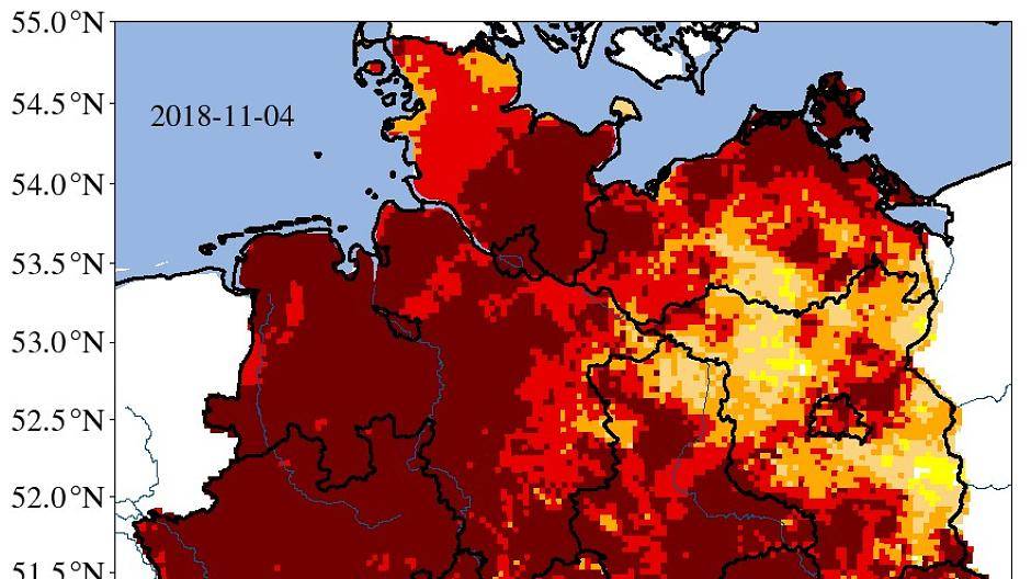  Der Dürremonitor Deutschland des Helmholtz Zentrum für Umweltforschung (UFZ) zeigt auch für die Höhe Meerbusch/Willich bei einer Bodentiefe von 180 Zentimeter die Höchste Stufe (dunkelrot), „außergewöhnliche Dürre“ an. 
