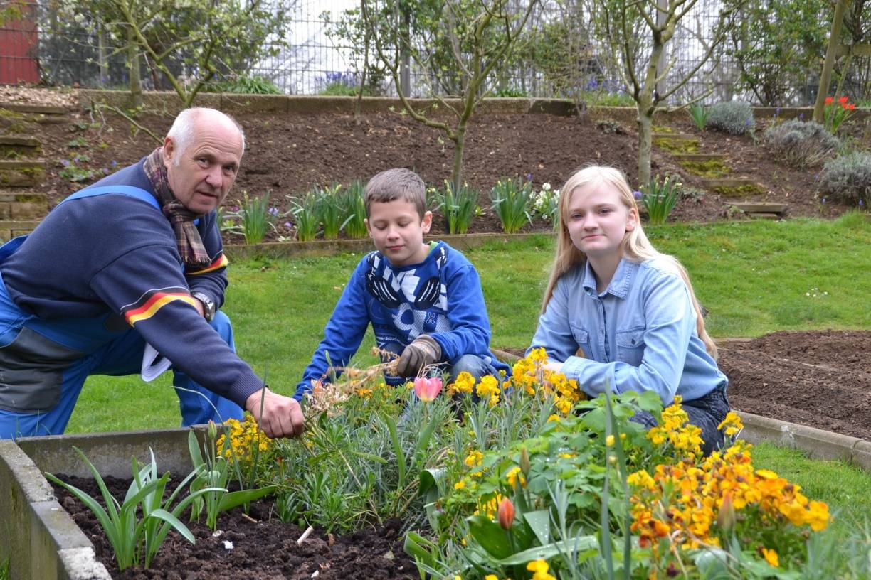  Auch wenn Jan und Lisa schon „alte Hasen im Schulgarten“ sind, kann Rudolf Kelbassa noch viele wertvolle Kenntnisse in Sachen Garten und Natur weiter geben. So macht das Lernen dann einfach mehr Spaß. 