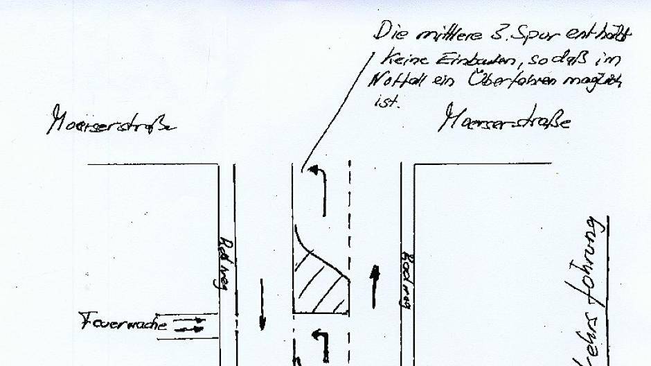  Diese Skizze, die uns SPD Ratsherr Reiner Friedrich freundlicherweise zur Verfügung gestellt hat, zeigt die Umbauplanungen der Friedrich-Ebert-Straße in Rheinhausen. Skizze: privat 