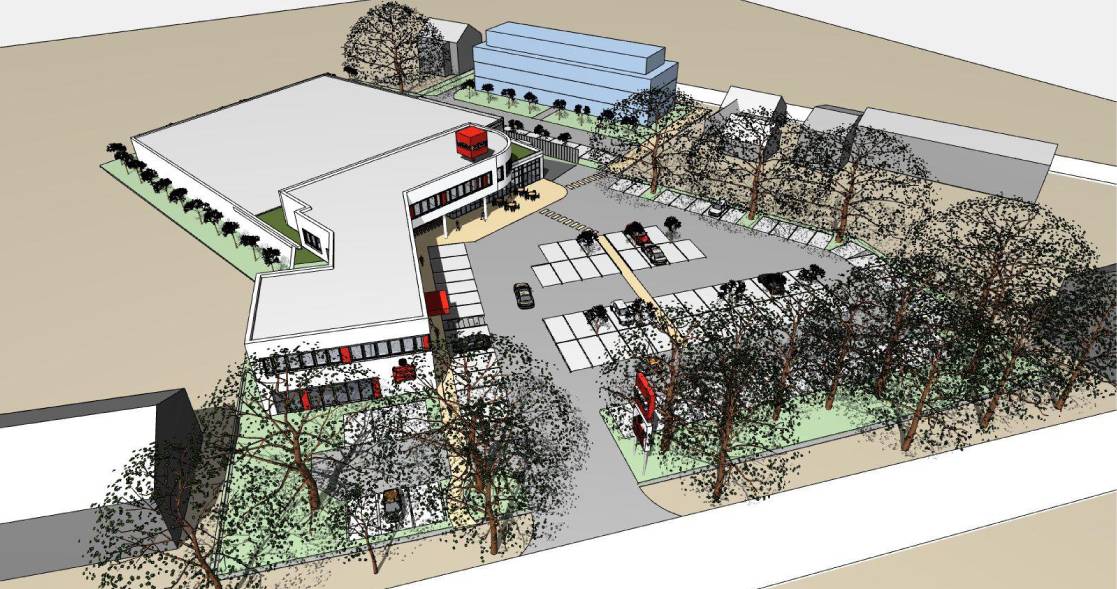 Voraussichtlich im Herbst 2017 soll es auf dem Gelände der ehemaligen Alfred-Hitz-Schule an der Lange Straße in Bergheim so aussehen, wie in der Entwurfszeichnung: Großer Lebensmittelmarkt samt Bäckerei/Café, Sparkassen-Filiale und ein Wohngebäude (blau).