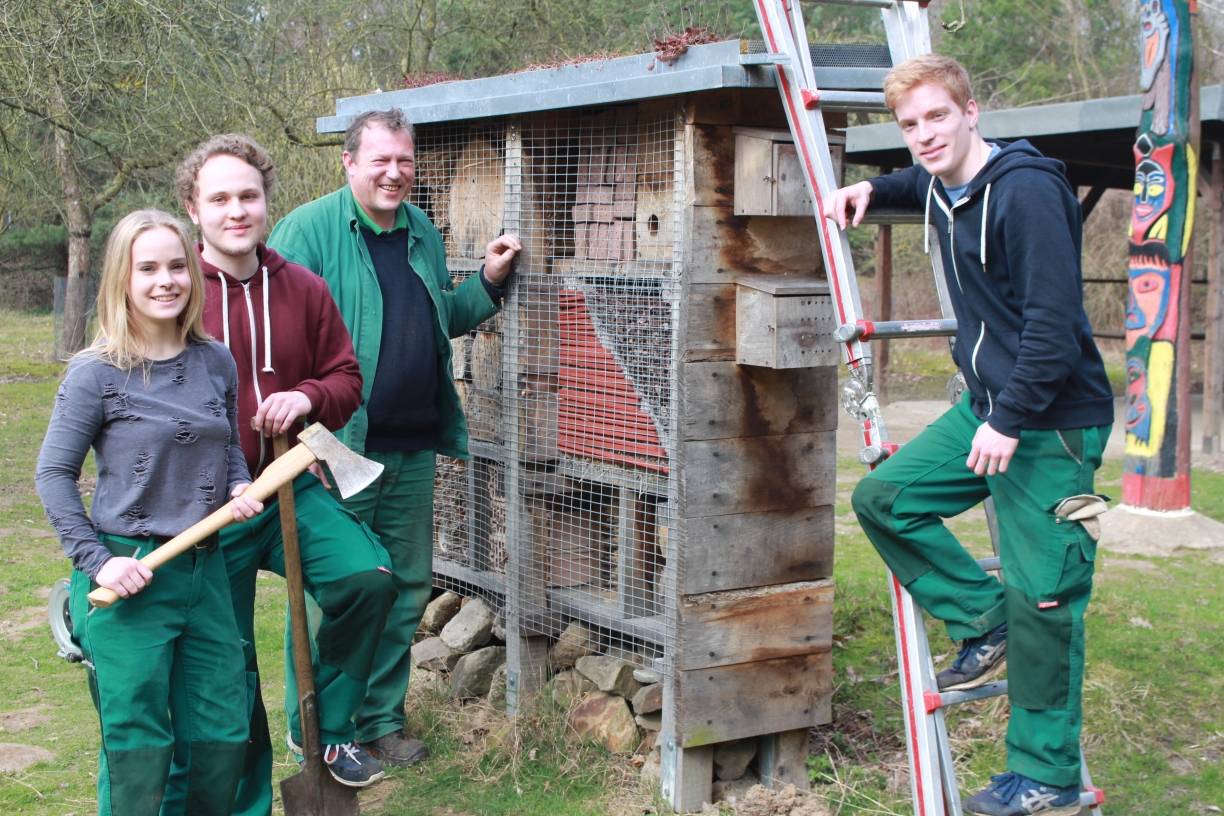  Outdoor-Arbeit: Ein Insektenhotel hat die vorige Generation von „FöJ“-lern auf dem Gelände des Umweltzentrums am Hülser Berg errichtet. Es wird von den heimischen Flüglern eifrig genutzt. Gärtnermeister Christoph Uelenbruck und seine diesjährigen Schützlinge (v.l.) Shirin, Niklas und Kevin halten das Projekt der Vorgänger in Ordnung. 