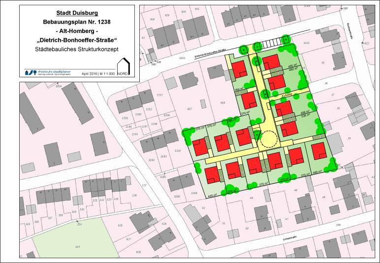 Das neue Wohngebiet an der Dietrich-Bonhoeffer Straße in Alt-Homberg in Planung. 15 frei stehende Einfamilienhäuser sollen nach Abriss des alten evangelischen Gemeindehauses (Dietrich-Bonhoeffer-Haus) gebaut werden.
