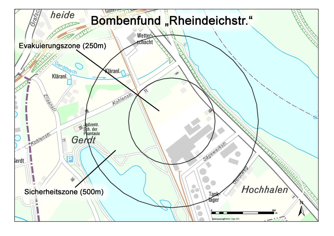  Fundstelle und Evakuierungszone der Bombe in Baerl. 
