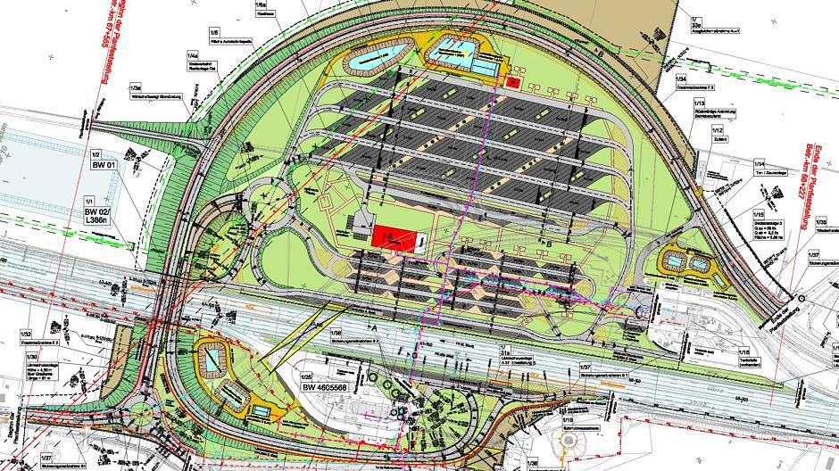  Eine Zeichnung des Ausbauplans der Raststätte Geismühle an der A57 bei Bösinghoven. 