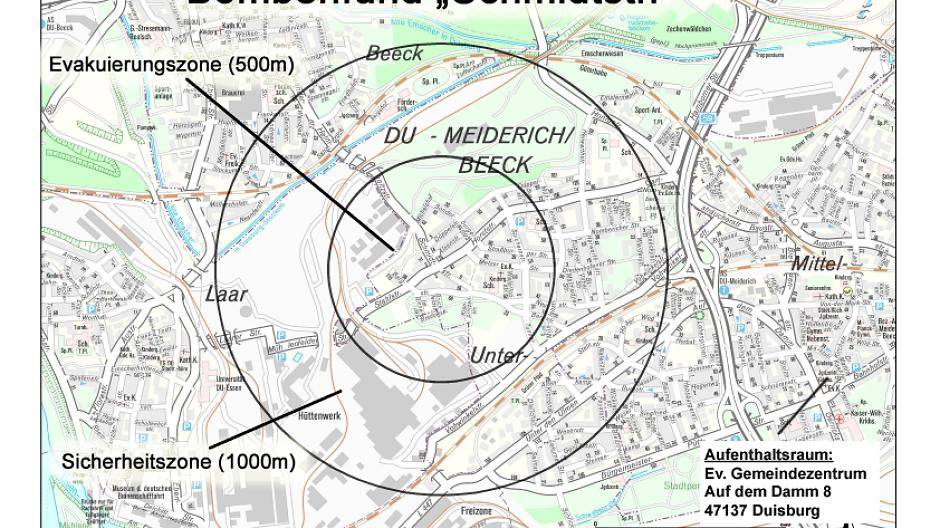  Der Fundort der Bombe und die Darstellung der Evakuierungs- und Sicherheitszonen.  