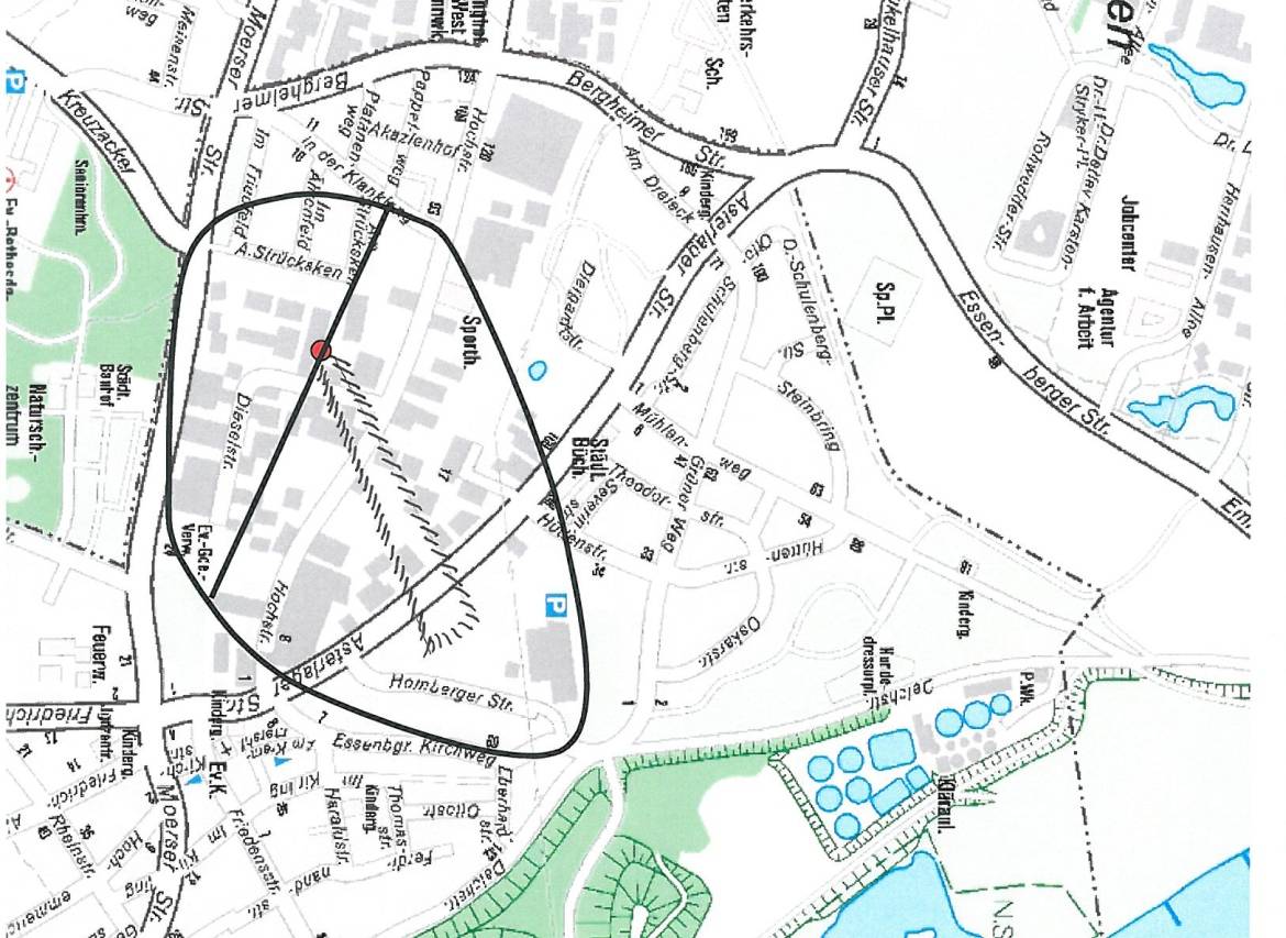  Der Kartenausschnitt zeigt den abgesperrten und vermutlich mit Asbest kontaminierten Bereich. 